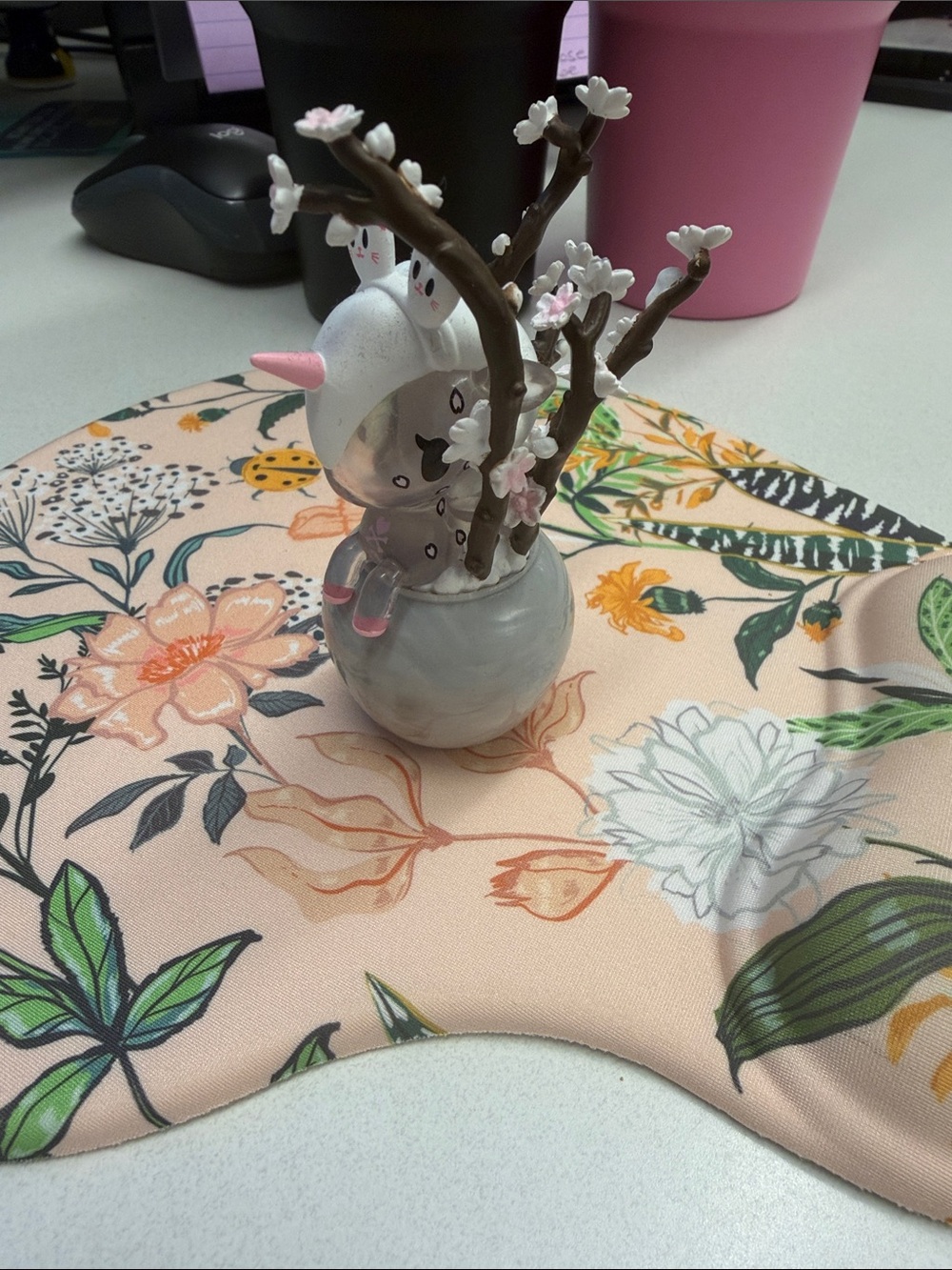 tokidoki Gray Bunny Vase with Pink Blossom Branches